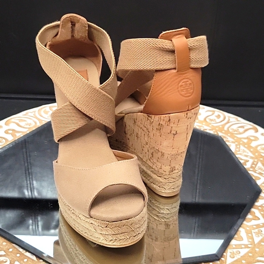 Tory Burch| Tan Leather and Canvas Peep Toe Espadrille Size 8